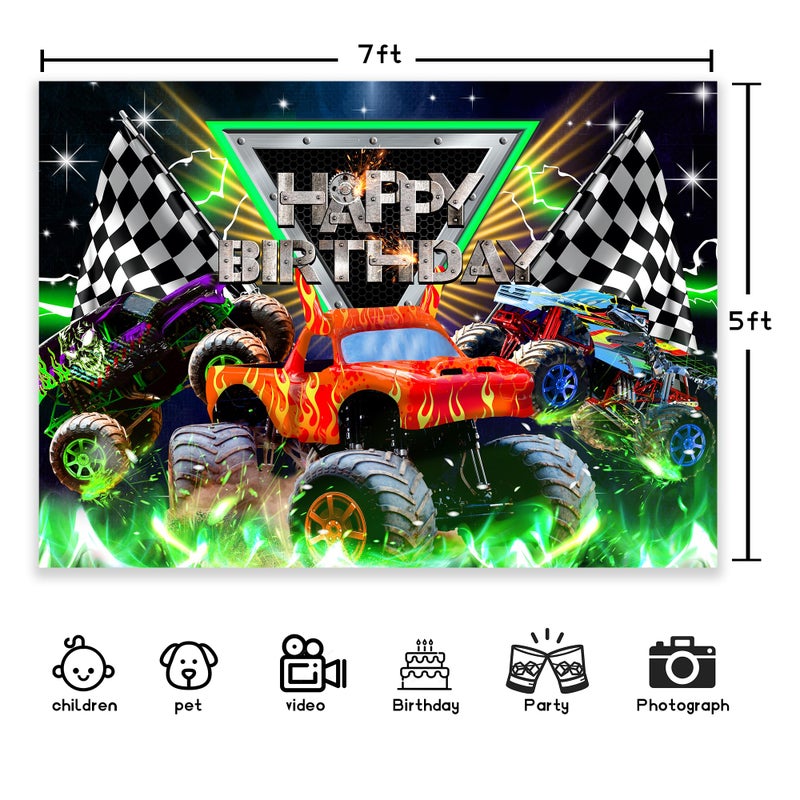Newsely Truck Themed Backdrop 7Wx5H Photography Monster Happy Birthday Party Supplies Jam Burning Flame Car Grave Digger Boys Kids Background Cool Unique Party Decorations Banner Photo Booth Props - Image 3