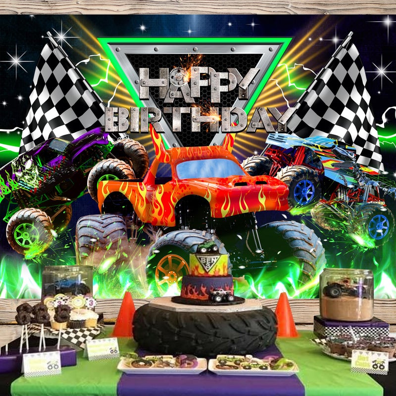 Newsely Truck Themed Backdrop 7Wx5H Photography Monster Happy Birthday Party Supplies Jam Burning Flame Car Grave Digger Boys Kids Background Cool Unique Party Decorations Banner Photo Booth Props - Image 2