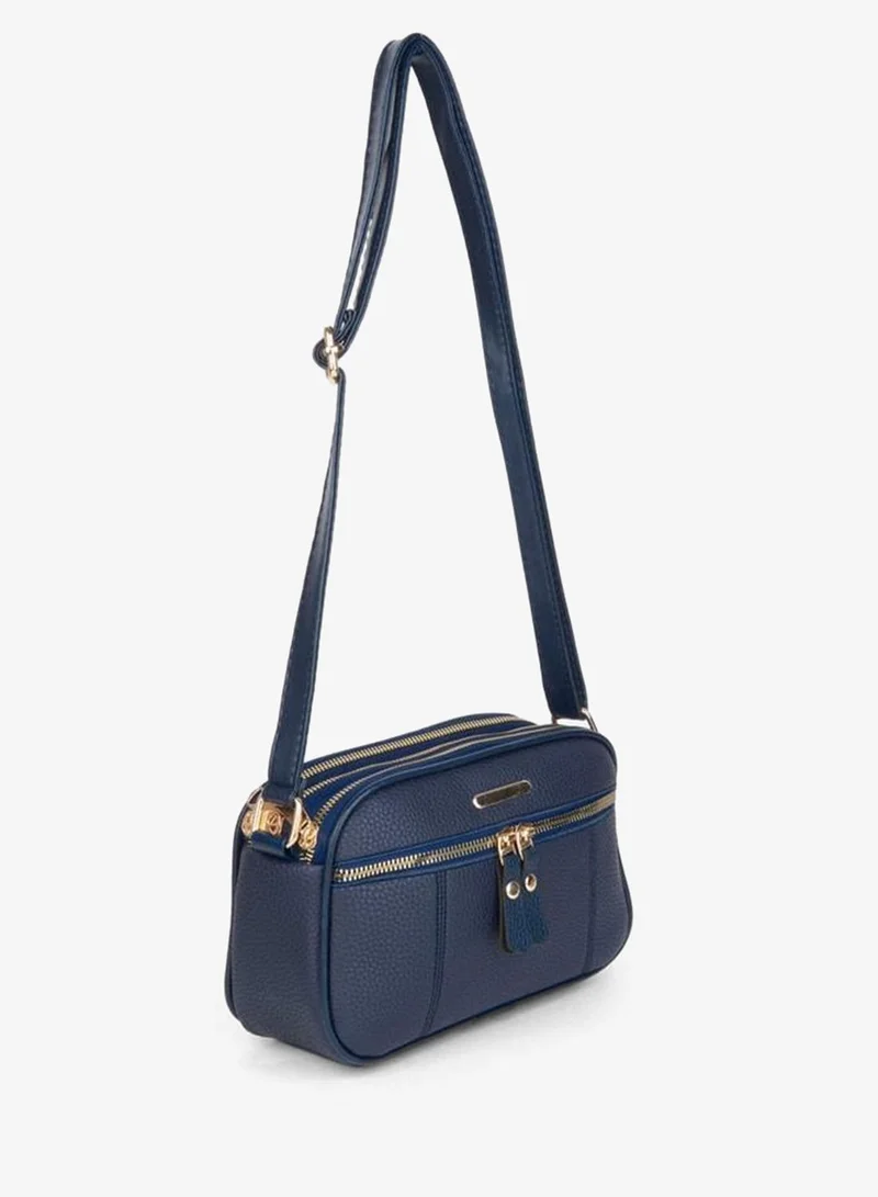 Women's Sincap Navy Blue 4-Compartment Faux Leather Medium Size Zipper Closure Hand, Arm and Shoulder Bag.