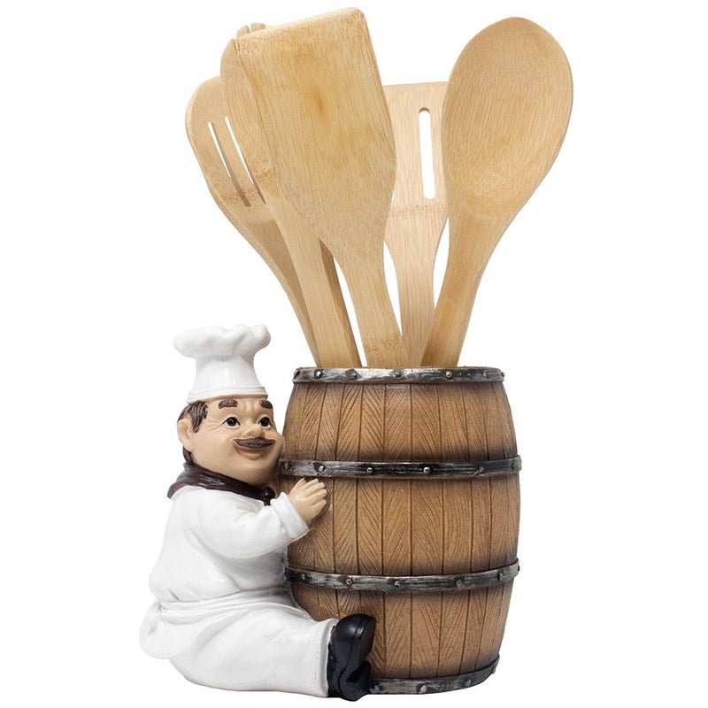 Home 'n Gifts French Chef Pierre Decorative Countertop Utensil Holder Crock with Faux Wood Wine Barrel Display Stand Table Statue for Country Cottage Decor  Gourmet Kitchen Decorations As Housewarming Gifts