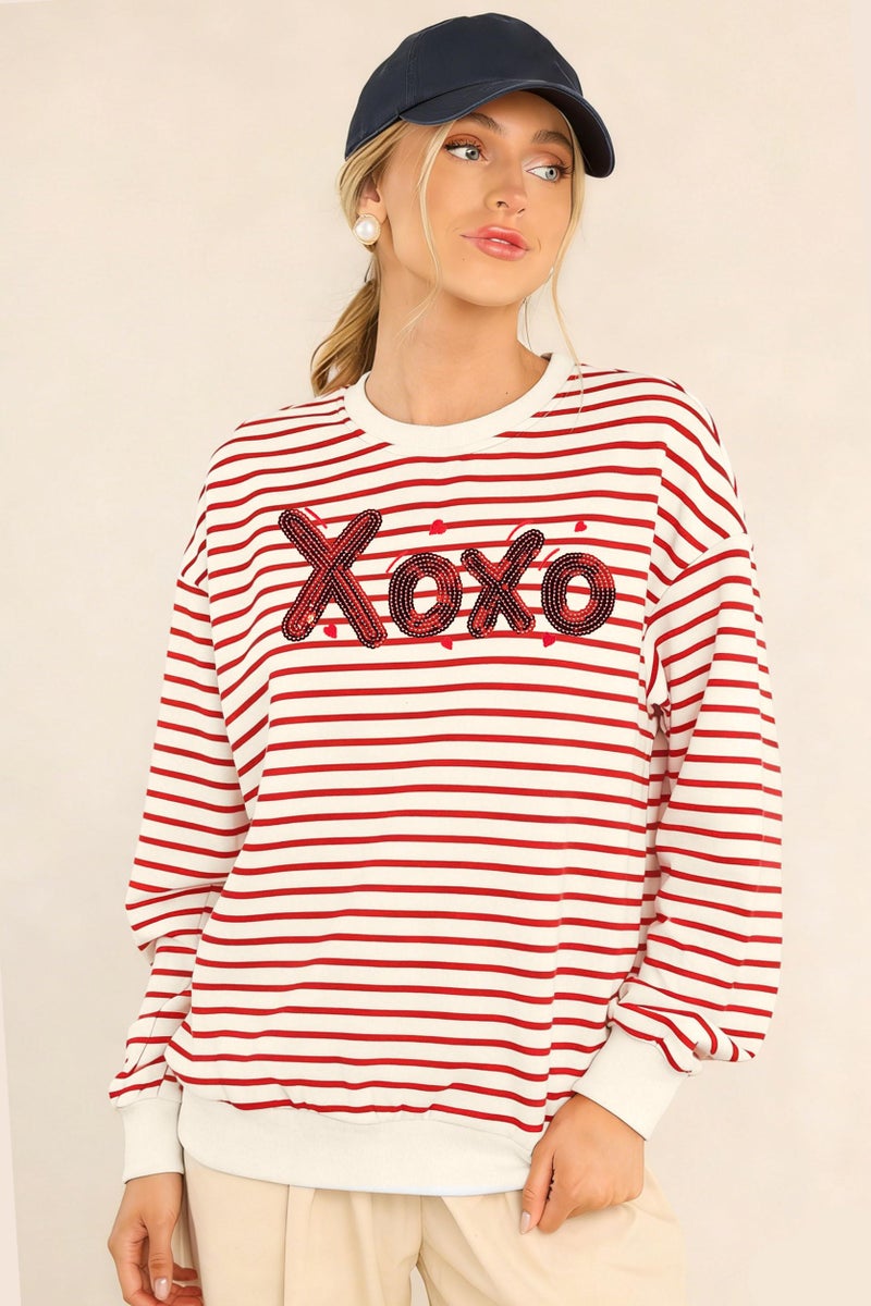 FASHGL Valentines Sweatshirt Women Love Heart Print Shirt Valentine Sweater Casual Striped Pullover Blouse Long Sleeve Top Red - Image 3