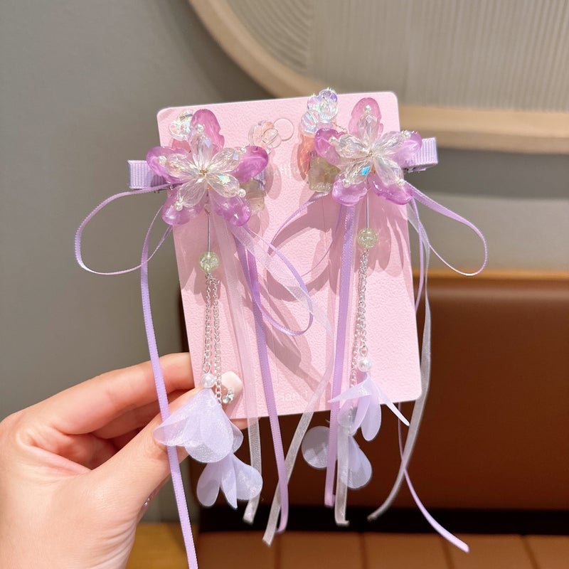 Generic New Childrens Antique Hair Accessories Flower Butterfly Antique Headwear Retro Tassel Streaming Belt Hanfu Hairpin Tang Clothing Accessories 47 large purple flowers (pair)