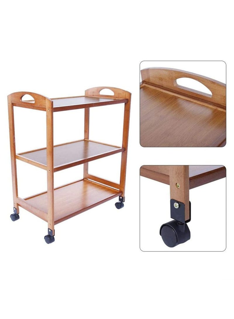 FFD Bamboo Kitchen Trolly Kitchen Storage Rack Food Serving Trolly with Rotatin Wheels Wooden Storage Cart Tea Trolly with Handles 3 Floor - Image 1
