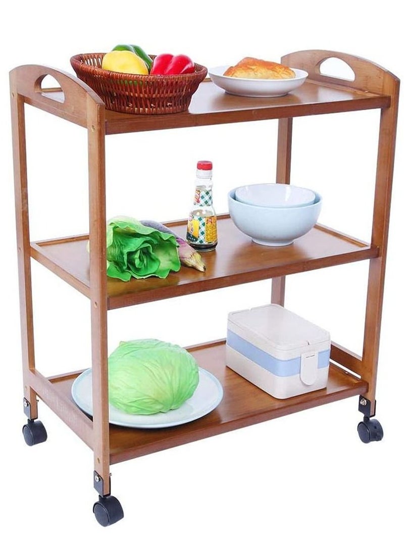 FFD Bamboo Kitchen Trolly Kitchen Storage Rack Food Serving Trolly with Rotatin Wheels Wooden Storage Cart Tea Trolly with Handles 3 Floor - Image 4