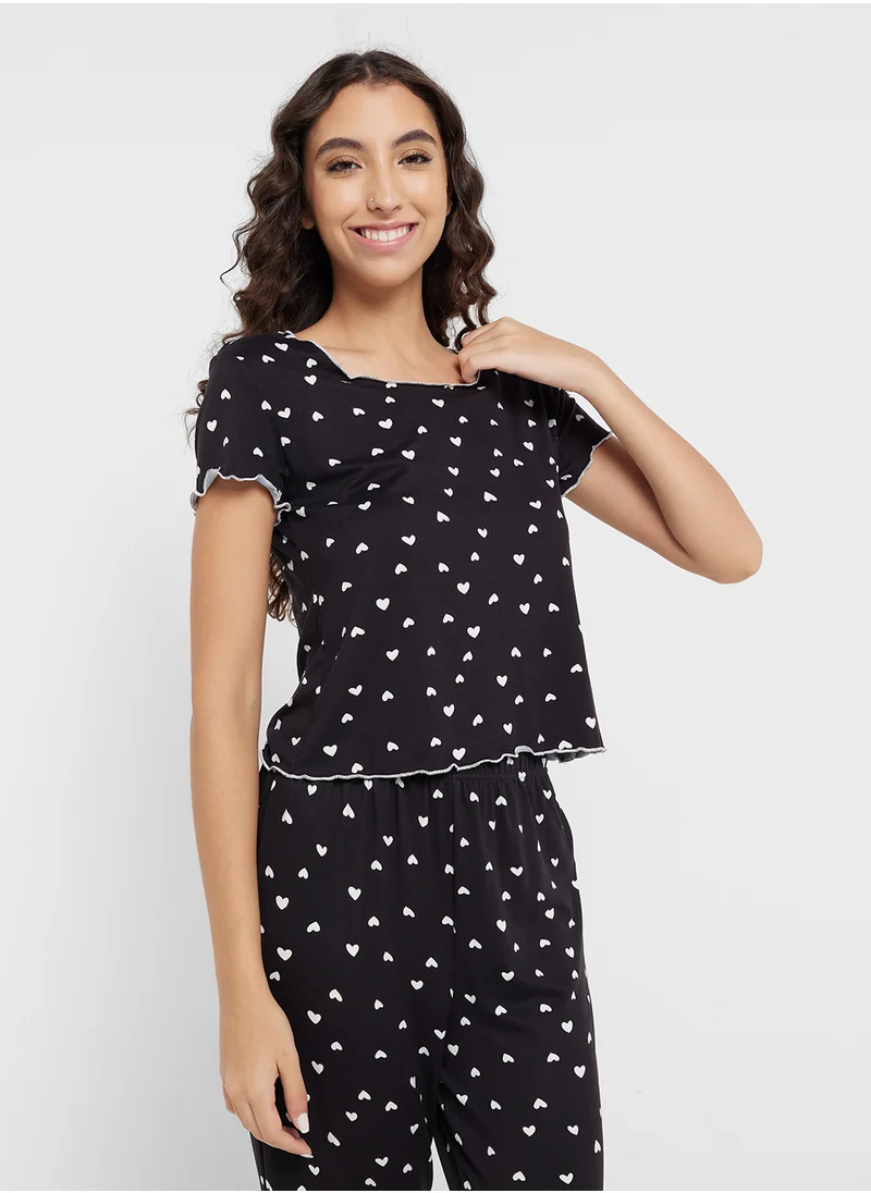 جينجر Heart Print T-shirt & Pyjama Set