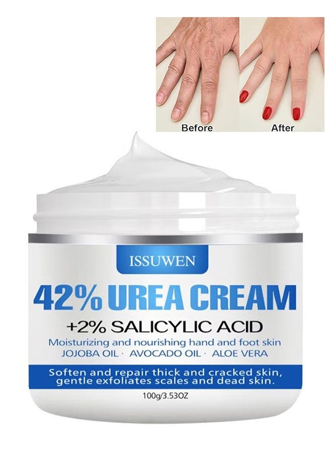 ISSUWEN Urea Cream 42% + Salicylic Acid 2% 100g, Foot Cream for Dry Cracked Heels Knees Elbows Hands Repair Treatment, Foot Moisturizer for Dead Skin Remover Toenail Softener, Foot Care - Image 1