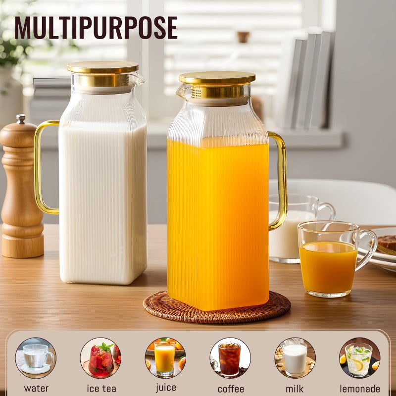 Snuvid 2 Pack 2 Liter/68 oz Square Glass Pitcher with Lid, Classic Stripes Water Pitchers with Handle for Fridge, Large Jug for Iced Tea, Coffee, Borosilicate Glass Carafe for Hot/Cold Brew Drink, Gold - Image 3