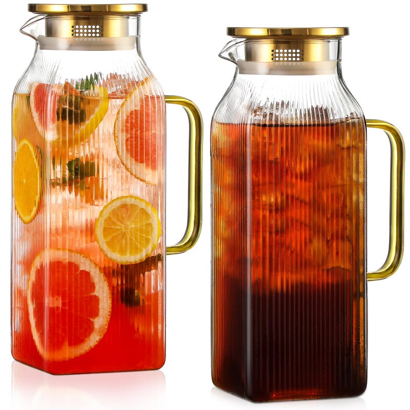 Snuvid 2 Pack 2 Liter/68 oz Square Glass Pitcher with Lid, Classic Stripes Water Pitchers with Handle for Fridge, Large Jug for Iced Tea, Coffee, Borosilicate Glass Carafe for Hot/Cold Brew Drink, Gold - Image 1