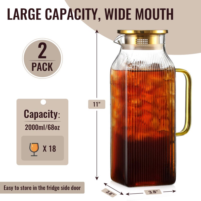 Snuvid 2 Pack 2 Liter/68 oz Square Glass Pitcher with Lid, Classic Stripes Water Pitchers with Handle for Fridge, Large Jug for Iced Tea, Coffee, Borosilicate Glass Carafe for Hot/Cold Brew Drink, Gold - Image 2