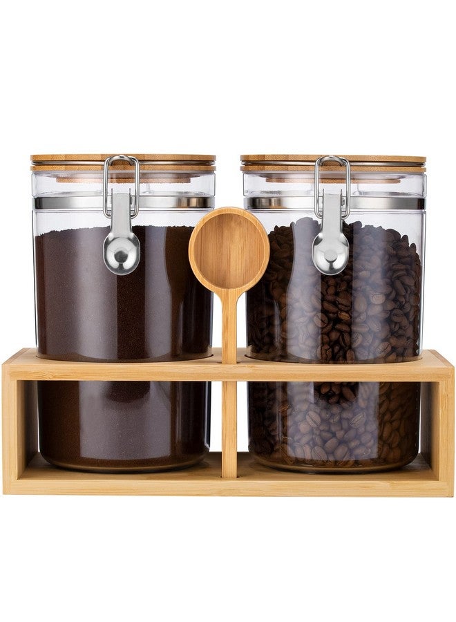 Yangbaga 2Pcs Coffee Sugar Canisters with Shelf, 58OZ Plastics Storage Containers for Ground Coffee Bean Storage with Lid Locking Clamp&Coffee Scoop, Food Storage Jar for Kitchen - Image 1