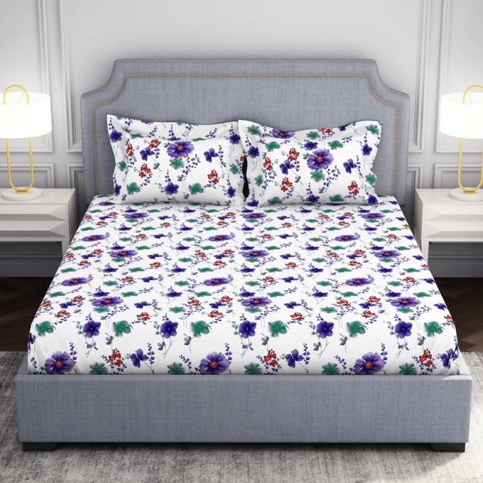 MICROFIBER DOUBLE BEDSHEET 220 CM X 240 CM 43 CM X 68 CM 105 TC SATEEN FLORAL BEDSHEET PILLOW COVERS SET BLANC DE BLANC ADORE