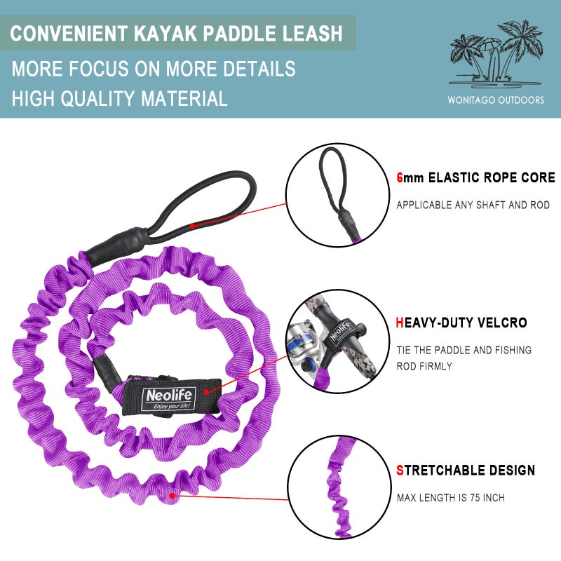 Wonitago Stretchable Kayak Paddle Leash, Coiled Rod Leash Tool Lanyard For Kayak And Sup Paddles, Fishing Poles Rods, Purple 2 Pack - Image 2