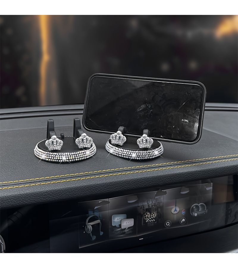 White Rhinestone Crown Pattern Car Phone Holder Adhesive Dashboard Stand Vehicle Navigation Support Automotive Decor - Image 4