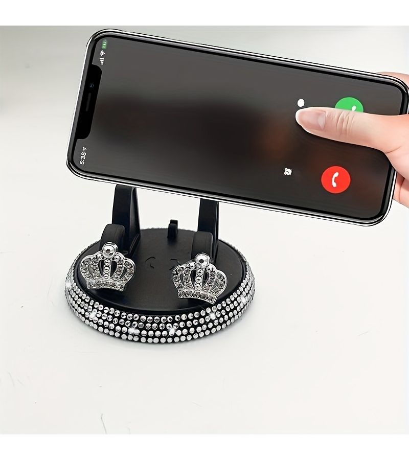 White Rhinestone Crown Pattern Car Phone Holder Adhesive Dashboard Stand Vehicle Navigation Support Automotive Decor - Image 1