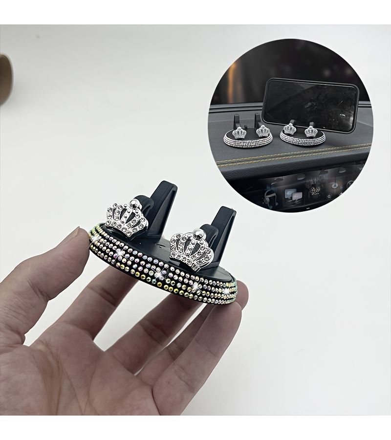 White Rhinestone Crown Pattern Car Phone Holder Adhesive Dashboard Stand Vehicle Navigation Support Automotive Decor - Image 3