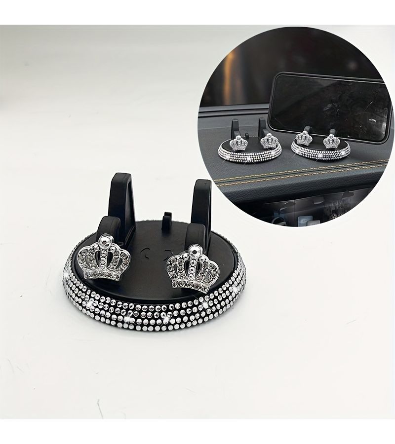 White Rhinestone Crown Pattern Car Phone Holder Adhesive Dashboard Stand Vehicle Navigation Support Automotive Decor - Image 5