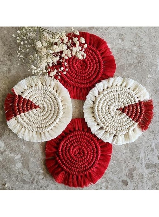 MY CREATIVE HUT My Creative Hut Handmade Macramé Christmas Coasters - Set of 4 (White Red), Boho Style Holiday Decorations for Dinner Table and Kitchen, Holiday Gifting - Image 1