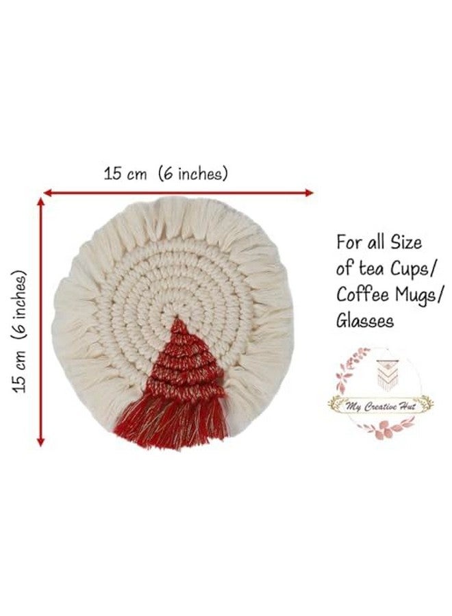 MY CREATIVE HUT My Creative Hut Handmade Macramé Christmas Coasters - Set of 4 (White Red), Boho Style Holiday Decorations for Dinner Table and Kitchen, Holiday Gifting - Image 5