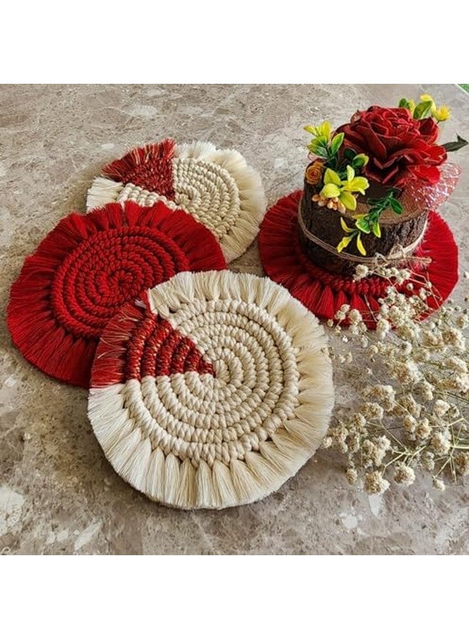 MY CREATIVE HUT My Creative Hut Handmade Macramé Christmas Coasters - Set of 4 (White Red), Boho Style Holiday Decorations for Dinner Table and Kitchen, Holiday Gifting - Image 4