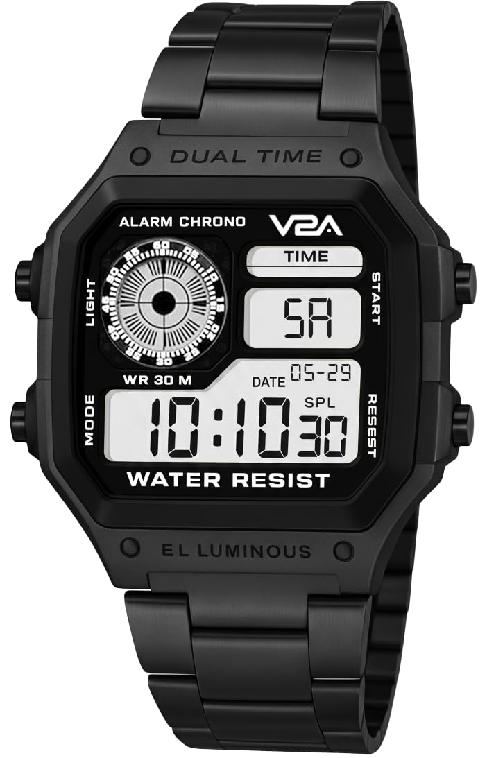 V2A Stainless Steel Small Dial Unisex Multifunction Digital Sports Watch (Black) - Image 1