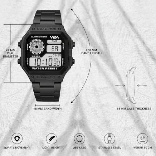 V2A Stainless Steel Small Dial Unisex Multifunction Digital Sports Watch (Black) - Image 5