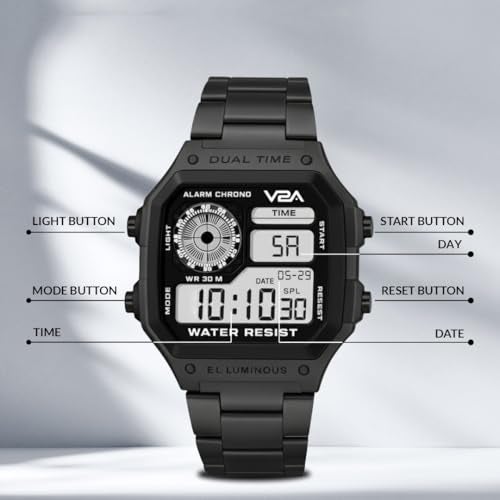 V2A Stainless Steel Small Dial Unisex Multifunction Digital Sports Watch (Black) - Image 4