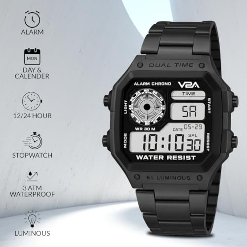 V2A Stainless Steel Small Dial Unisex Multifunction Digital Sports Watch (Black) - Image 3