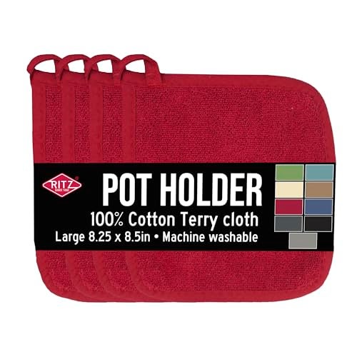 RITZ Terry Potholder & Hot Pad: Unparalleled Heat Resistant, Durable 100% Cotton – Ergonomically Designed for Optimal Grip – Easy-Care Machine Washable – 4-Pack, Paprika Red - Image 1