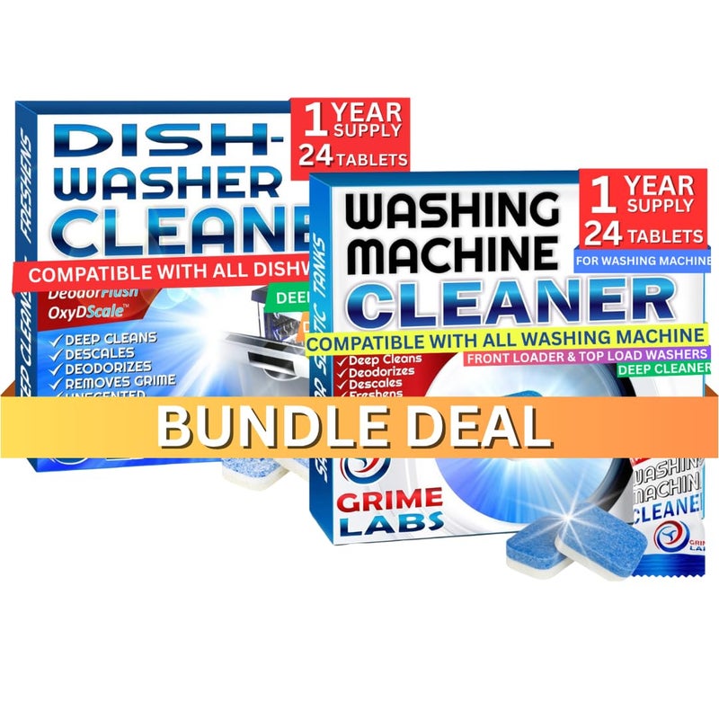 GRIME LABS Washing Machine & Dishwasher Cleaner Tablets Bundle - 12-Month Supply | Deep Cleaning & Deodorizing Tablets for Dishwashers & Washing Machines | 48-Tablet Set - Value Pack - Image 1