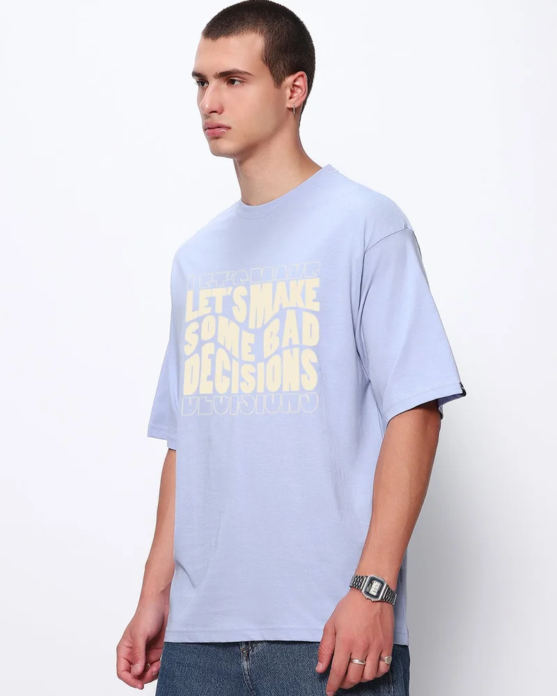 bewakoof Men's Baby Lavender Let's Make Typography Oversized T-shirt