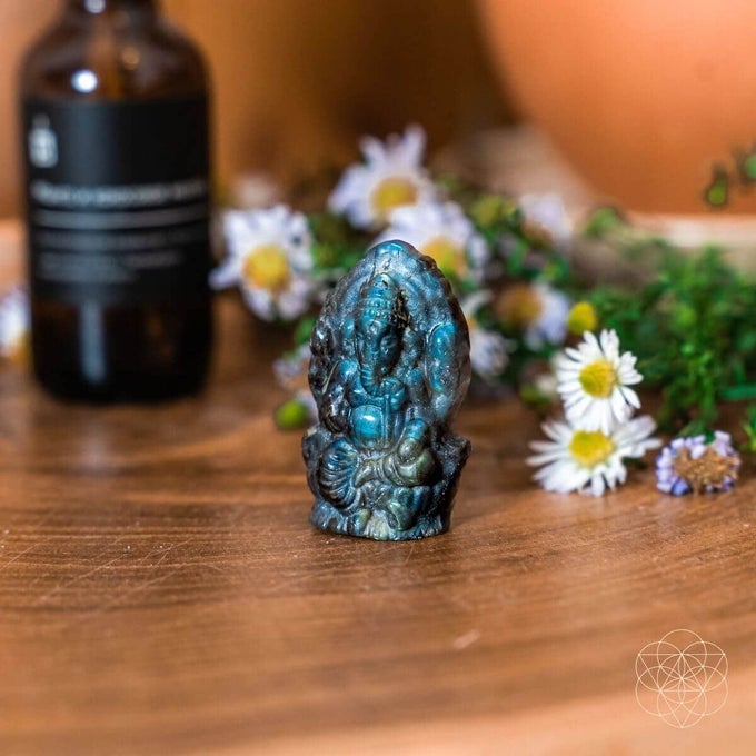 God of Luck Labradorite Crystal Ganesh Statue Hindu Ganesha Idol Statue Small Ganesh for Car Dashboard Decor Yoga Meditation Room Altar Kit Decor Spititual Women Gift