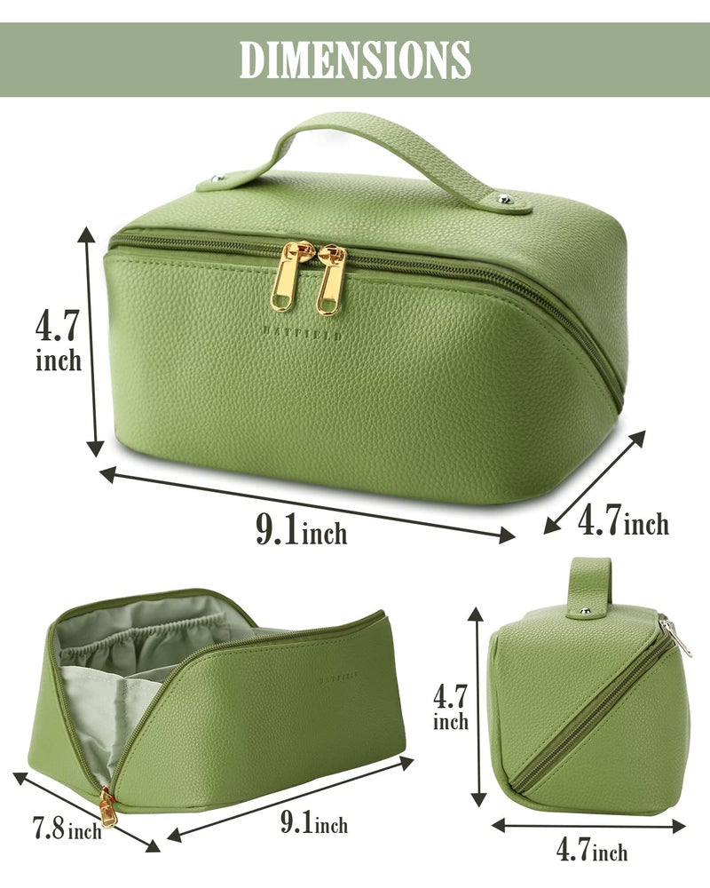 Batfield Cosmetic Bag For Women,Litchi Pu Leather Makeup Pouch For Women,Large Capacity Cosmetic Travel Bag,Portable Makeup Kit Storage Bag With Handle And Divider,Makeup Organizer Bag (Green),12 cm - Image 2