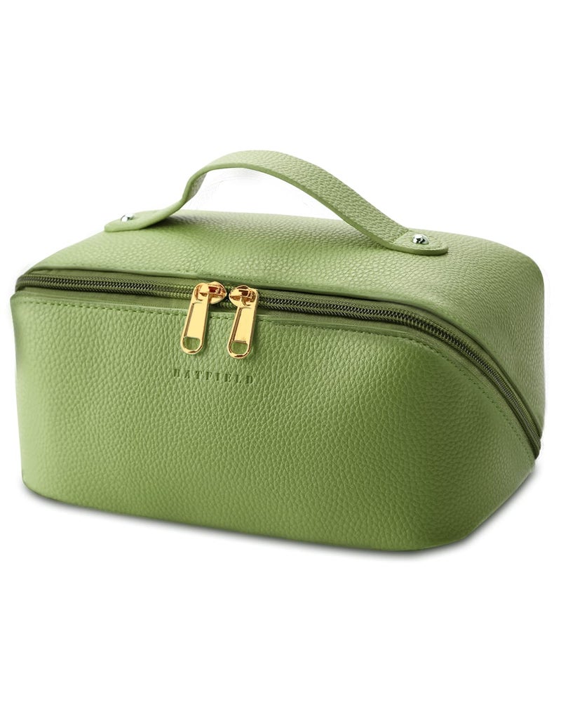 Batfield Cosmetic Bag For Women,Litchi Pu Leather Makeup Pouch For Women,Large Capacity Cosmetic Travel Bag,Portable Makeup Kit Storage Bag With Handle And Divider,Makeup Organizer Bag (Green),12 cm - Image 1