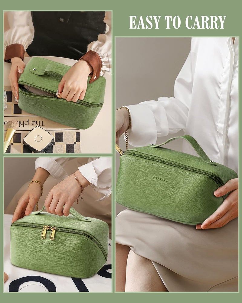Batfield Cosmetic Bag For Women,Litchi Pu Leather Makeup Pouch For Women,Large Capacity Cosmetic Travel Bag,Portable Makeup Kit Storage Bag With Handle And Divider,Makeup Organizer Bag (Green),12 cm - Image 5