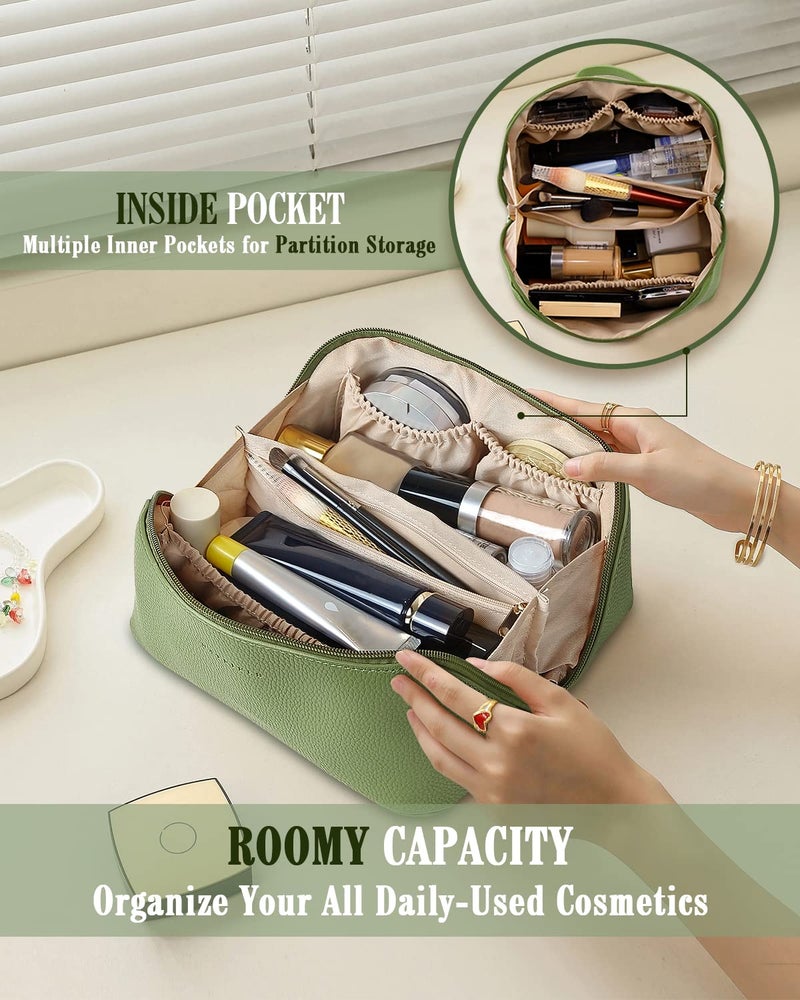 Batfield Cosmetic Bag For Women,Litchi Pu Leather Makeup Pouch For Women,Large Capacity Cosmetic Travel Bag,Portable Makeup Kit Storage Bag With Handle And Divider,Makeup Organizer Bag (Green),12 cm - Image 3