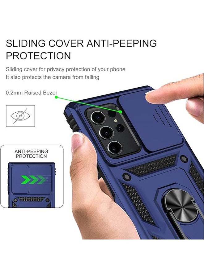 Generic - Samsung Galaxy S23 Ultra Case, Shockproof Cases, Anti-Fall Drop Protection, Built-in Slide Anti-Scratch Camera Lens Cover, Integrated 360 Degree Rotating Ring Kickstand, 6.8 Inch, Blue - Image 1
