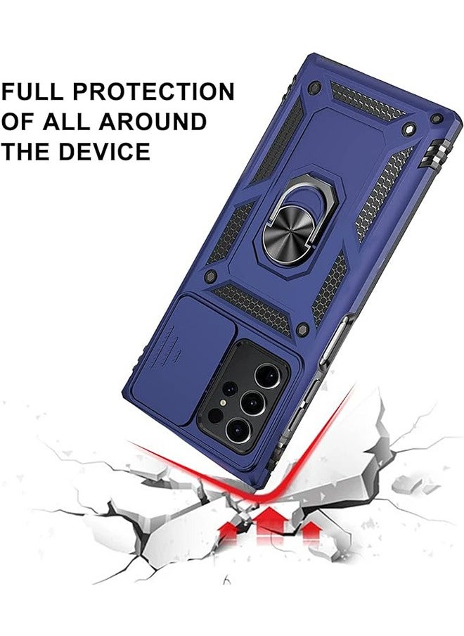 Generic - Samsung Galaxy S23 Ultra Case, Shockproof Cases, Anti-Fall Drop Protection, Built-in Slide Anti-Scratch Camera Lens Cover, Integrated 360 Degree Rotating Ring Kickstand, 6.8 Inch, Blue - Image 1