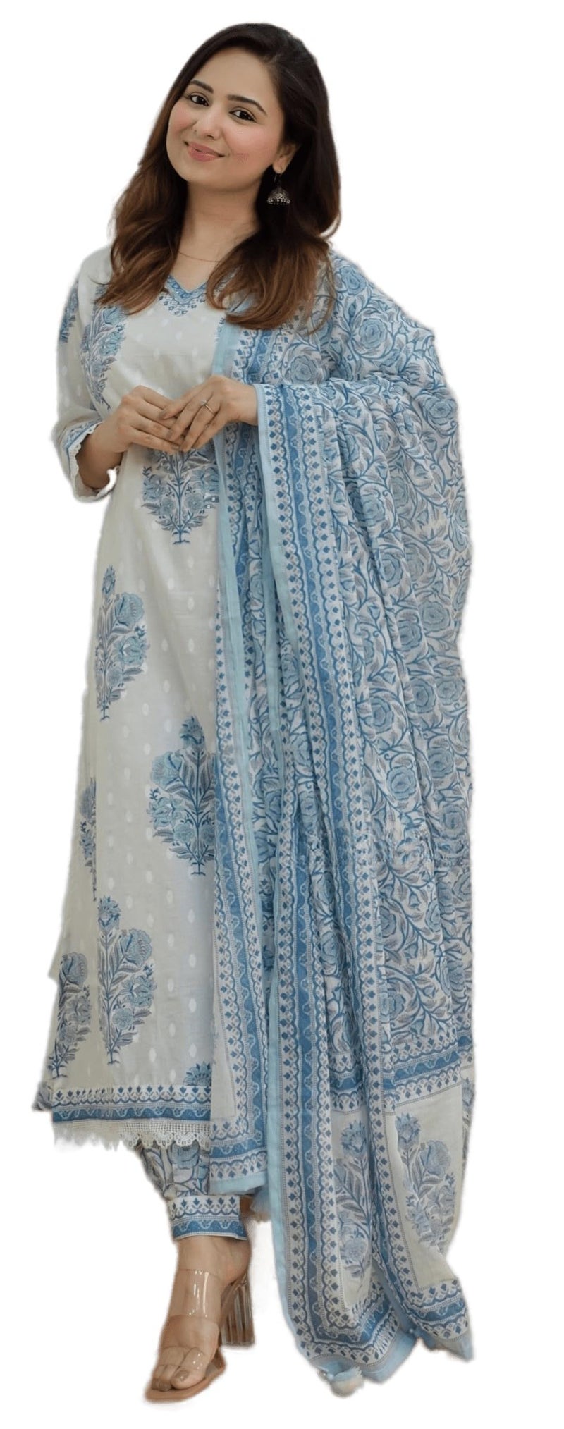 Arayna Women's Cotton Printed Floral Straight Kurta with Palazzo Pants and Printed Dupatta Set, Light Blue, Large - Image 1