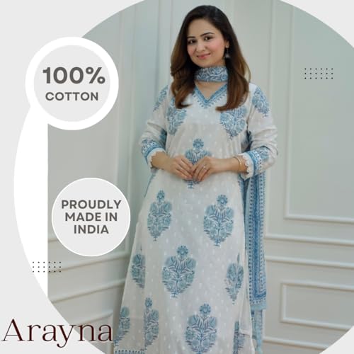 Arayna Women's Cotton Printed Floral Straight Kurta with Palazzo Pants and Printed Dupatta Set, Light Blue, Large - Image 2