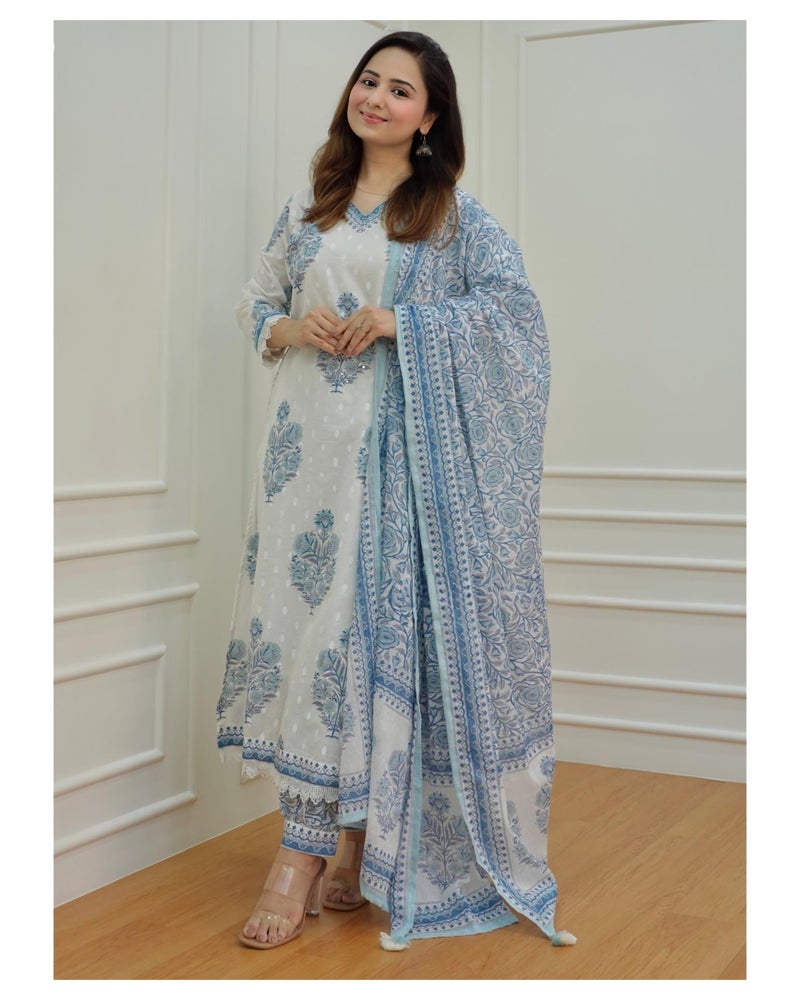 Arayna Women's Cotton Printed Floral Straight Kurta with Palazzo Pants and Printed Dupatta Set, Light Blue, Large - Image 5
