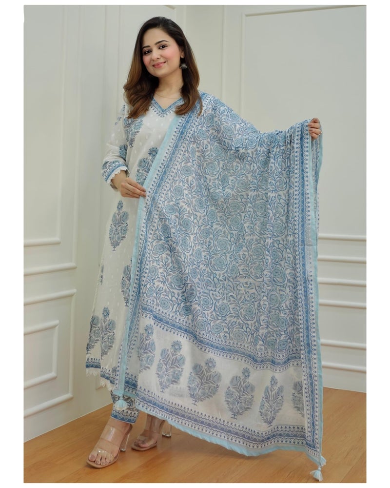 Arayna Women's Cotton Printed Floral Straight Kurta with Palazzo Pants and Printed Dupatta Set, Light Blue, Large - Image 3