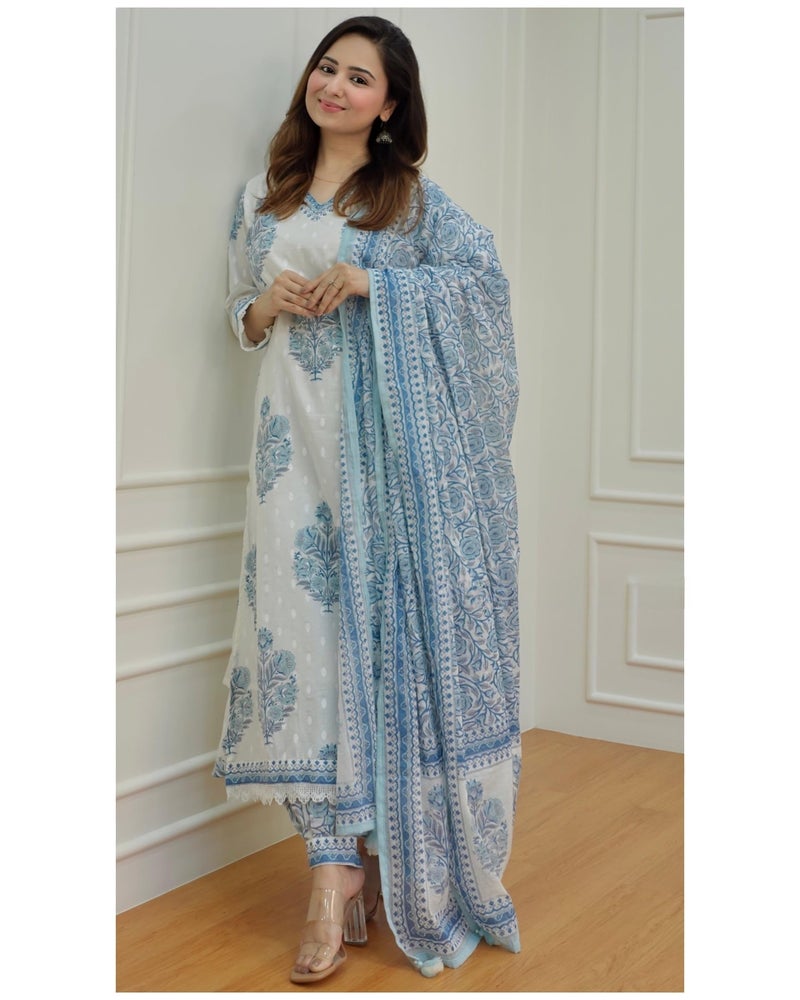Arayna Women's Cotton Printed Floral Straight Kurta with Palazzo Pants and Printed Dupatta Set, Light Blue, Large - Image 4