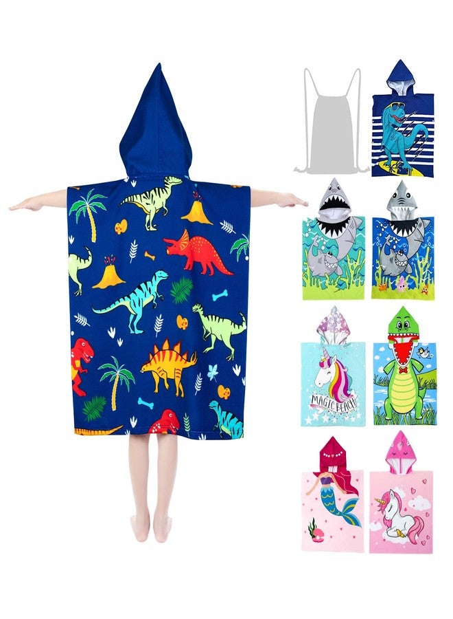 growell Hooded Kids Beach Towels - Toddler Bath Towel Girls Boys Swim Cover-ups for Ages 4 to 10 Kids Pool Towels Quick Dry Lightweight Soft Microfiber Poncho 30x30 with Bag (Dinosaur Blue) - Image 1