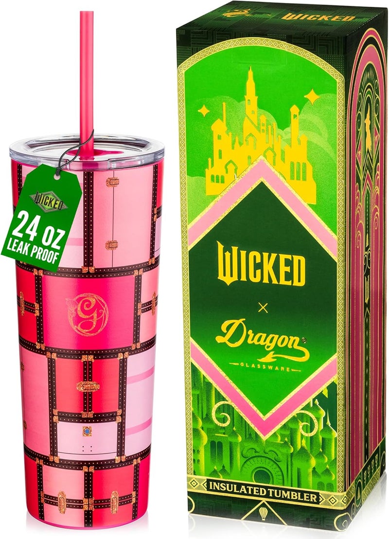Dragon Glassware منتجات x WICKED: كوب عازل حراري سعة 24 أونصة، مصنوع من الفولاذ المقاوم للصدأ، مزود بغطاء وقشة، مناسب للماء أو الشاي المثلج. - Image 1