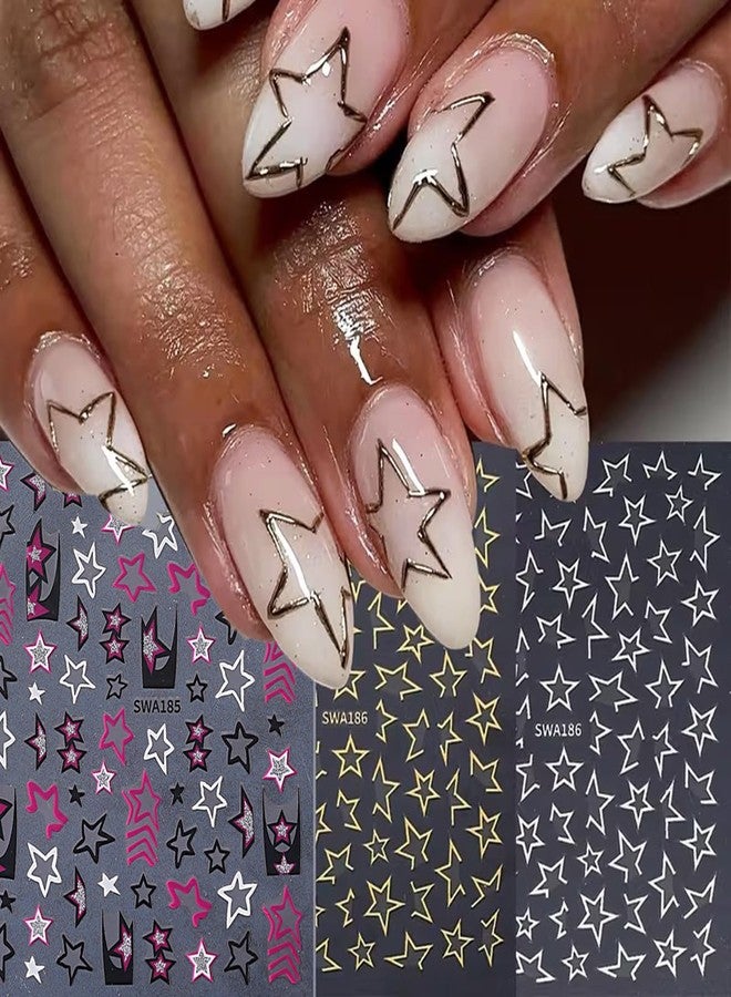 SINSEN Star Nail Art Stickers Irregular Pentagram Nail Decals 6PCS 3D Gold Silver Hollow Star Y2K Style Design Manicure Nail Art Supplies Colorful Stars Nail Design Adhesive Slider for Women Nail Decoration - Image 2