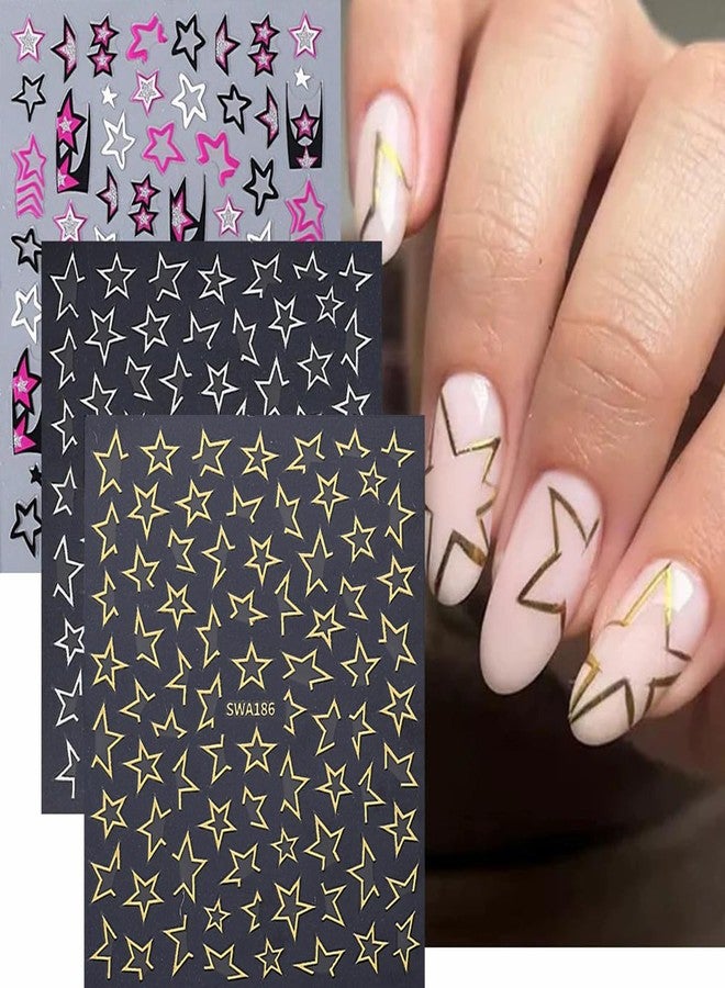 SINSEN Star Nail Art Stickers Irregular Pentagram Nail Decals 6PCS 3D Gold Silver Hollow Star Y2K Style Design Manicure Nail Art Supplies Colorful Stars Nail Design Adhesive Slider for Women Nail Decoration - Image 1