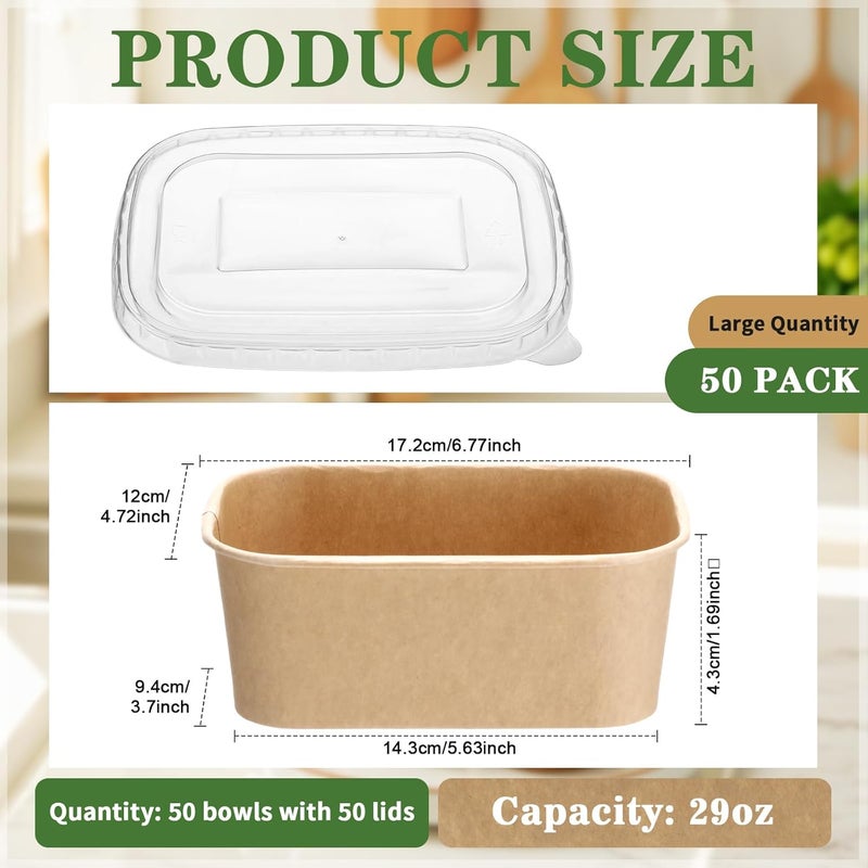 Maxdot 50 Pack Disposable Kraft Paper Bowls with PP Lids Rectangle Paper Food Containers for Lunch Meal Prep,Salad,Ice Cream,Yogurt,Soup Bowls Party Supplies (29 oz) - Image 2