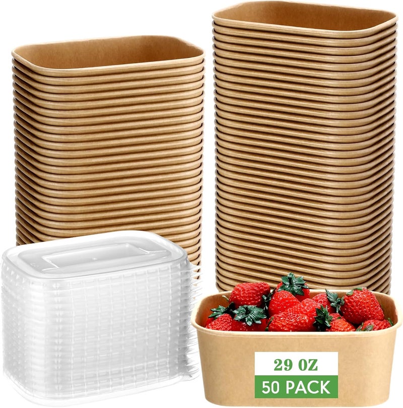 Maxdot 50 Pack Disposable Kraft Paper Bowls with PP Lids Rectangle Paper Food Containers for Lunch Meal Prep,Salad,Ice Cream,Yogurt,Soup Bowls Party Supplies (29 oz) - Image 1