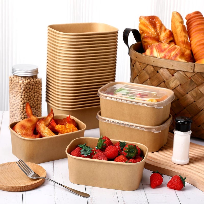 Maxdot 50 Pack Disposable Kraft Paper Bowls with PP Lids Rectangle Paper Food Containers for Lunch Meal Prep,Salad,Ice Cream,Yogurt,Soup Bowls Party Supplies (29 oz) - Image 3