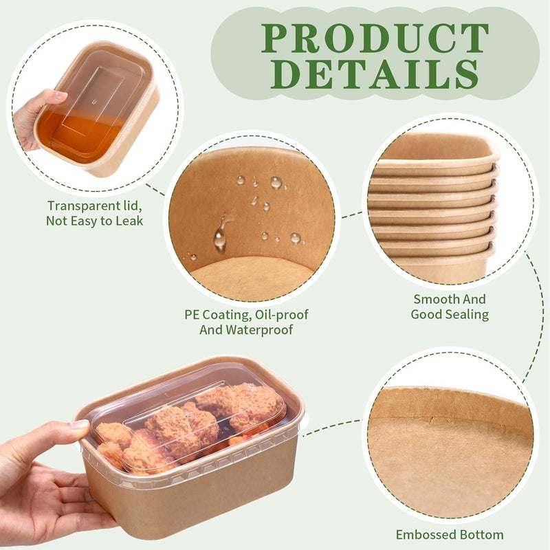 Maxdot 50 Pack Disposable Kraft Paper Bowls with PP Lids Rectangle Paper Food Containers for Lunch Meal Prep,Salad,Ice Cream,Yogurt,Soup Bowls Party Supplies (29 oz) - Image 4